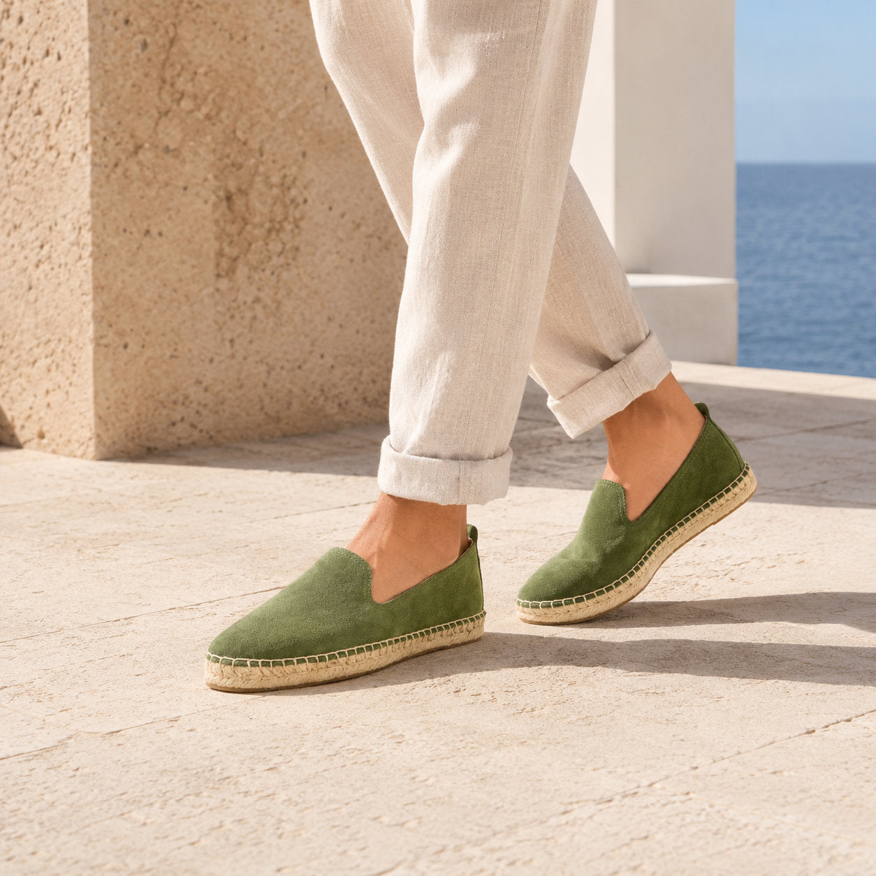 TONIVIS M2026006 green Italian handmade suede espadrille loafers on model