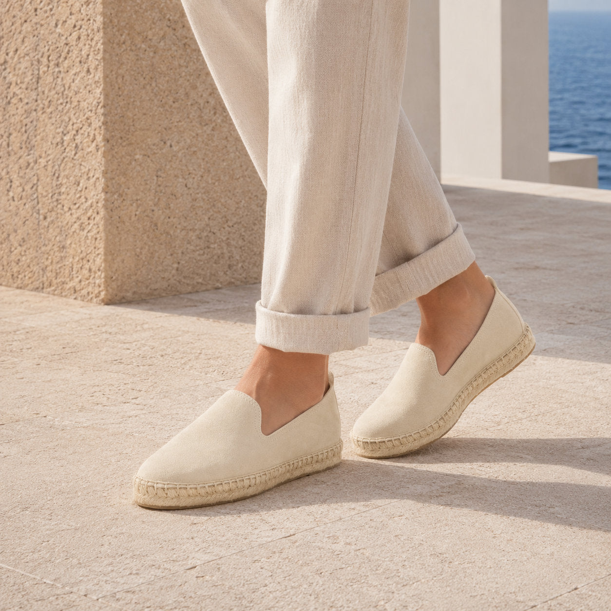TONIVIS M2026007 beige Italian handmade suede espadrille loafers on model