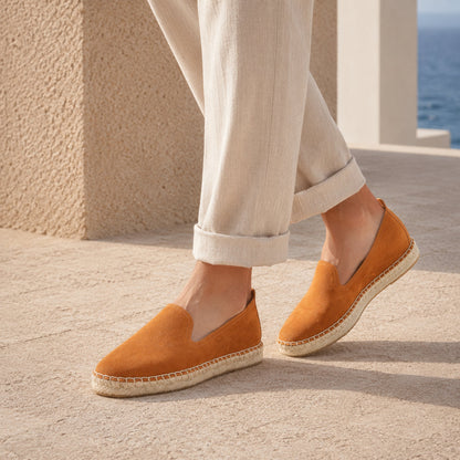 TONIVIS M2026008 brown Italian handmade suede espadrille loafers on model