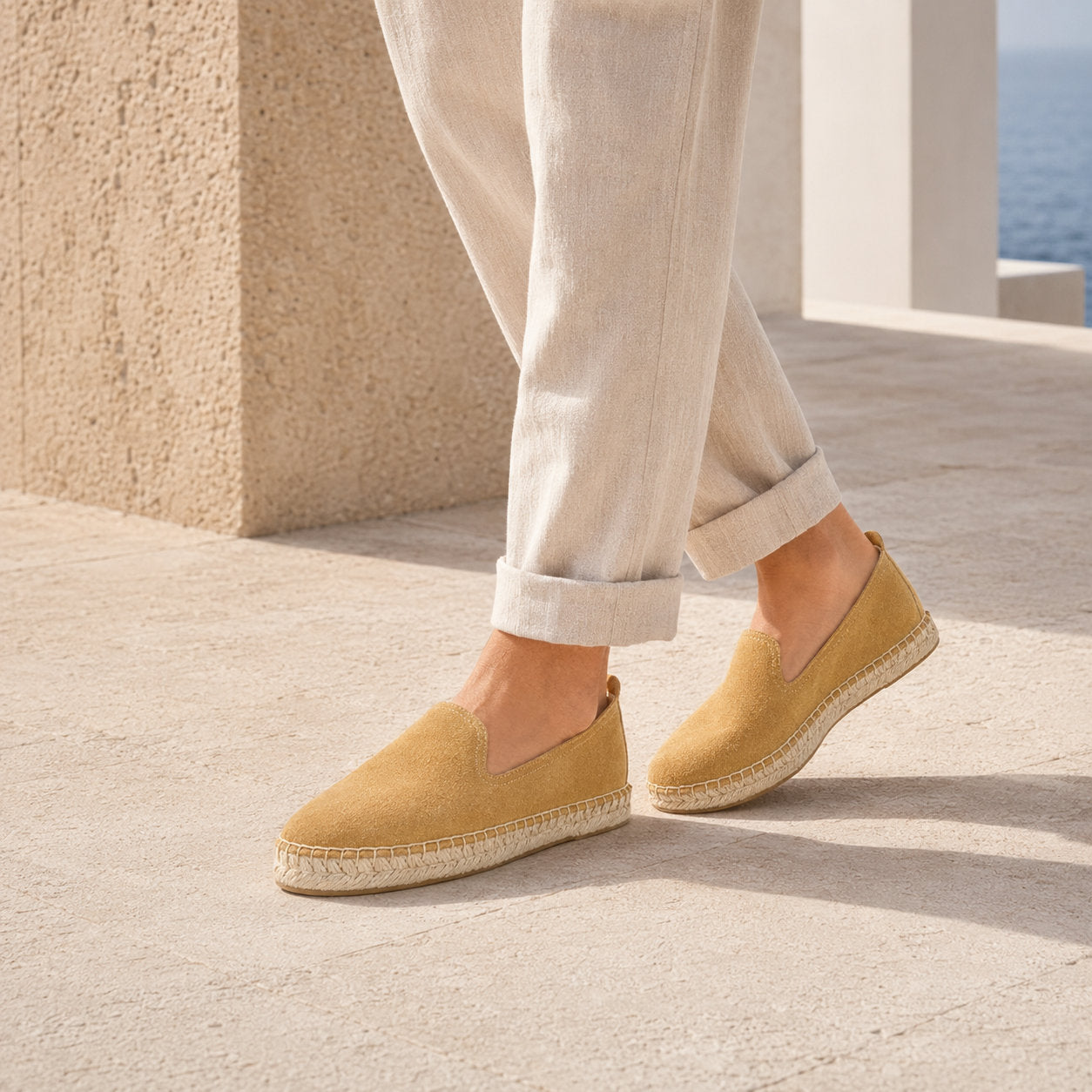 TONIVIS M2026009 camel sand Italian handmade suede espadrille loafers on model