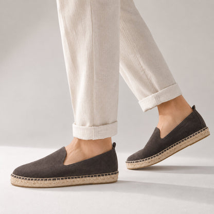 TONIVIS M2026010 black gray Italian handmade suede espadrille loafers on model