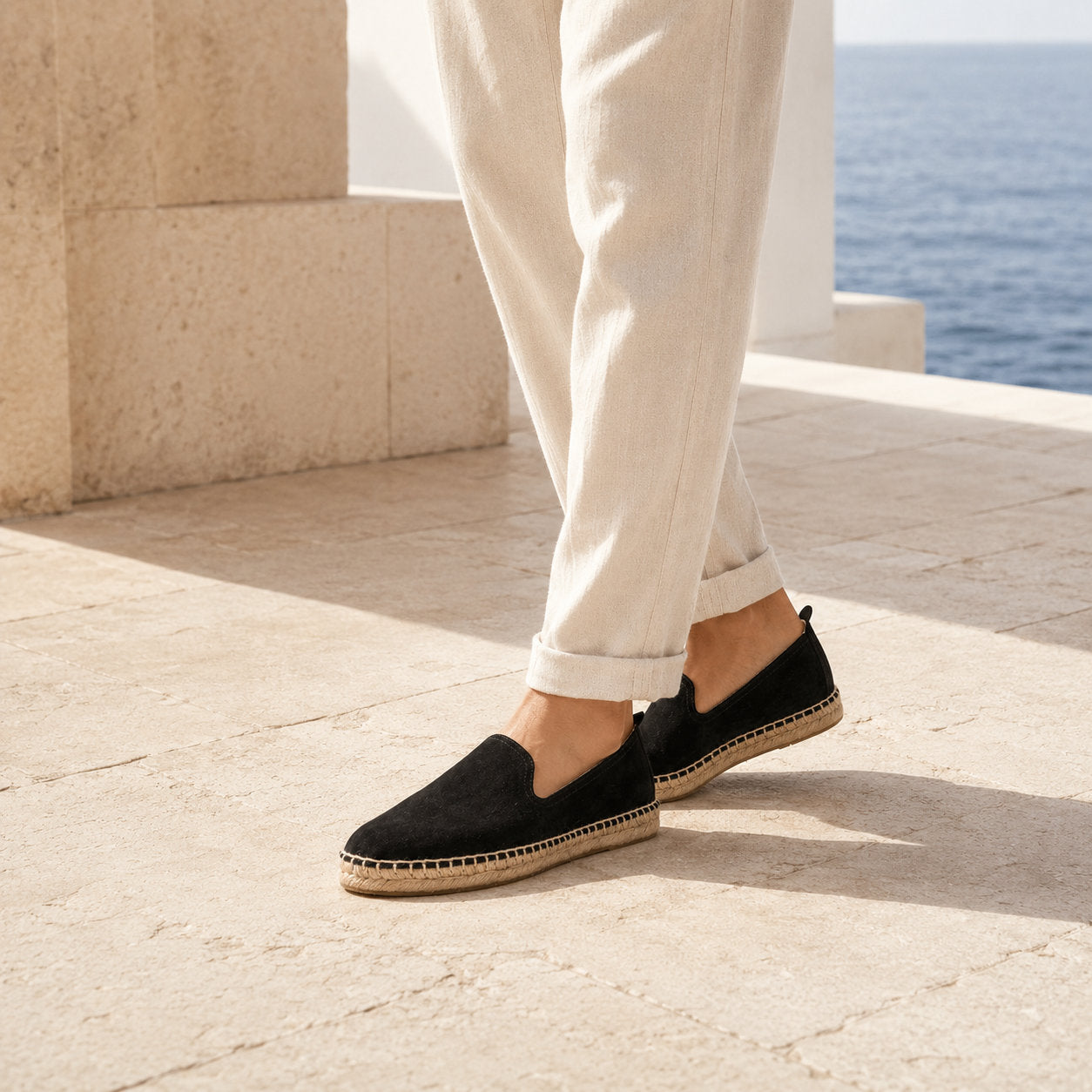 TONIVIS M2026011 black Italian handmade suede espadrille loafers on model