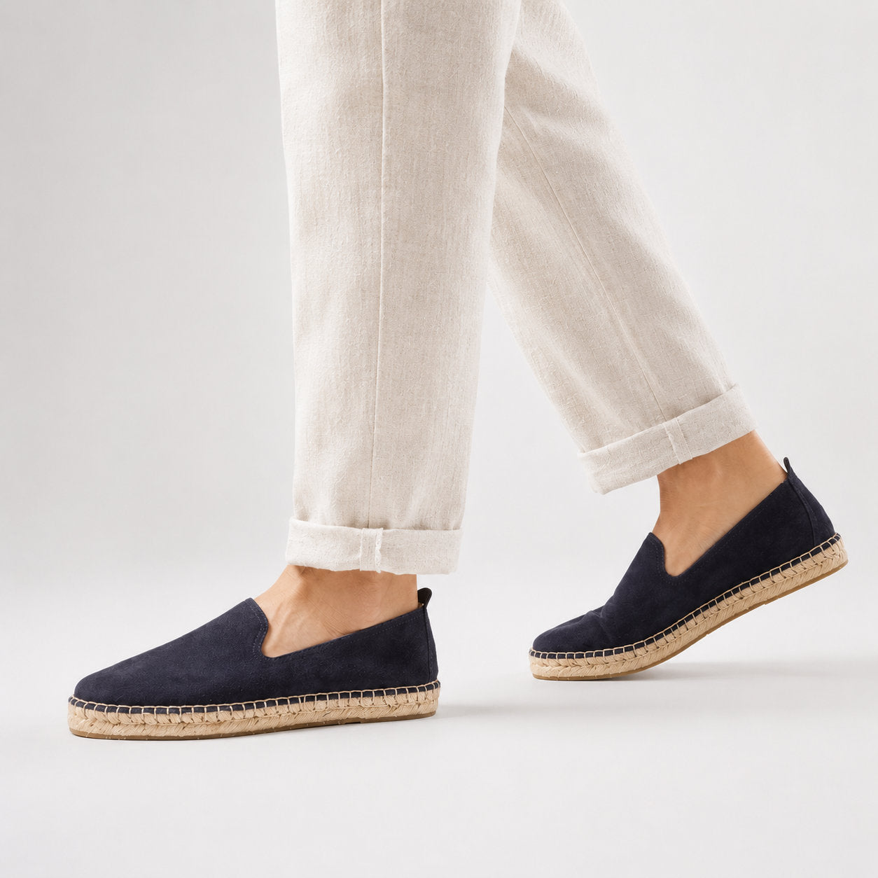 TONIVIS M2026012 navy blue Italian handmade suede espadrille loafers on model