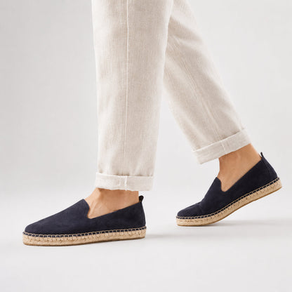 TONIVIS M2026012 navy blue Italian handmade suede espadrille loafers on model