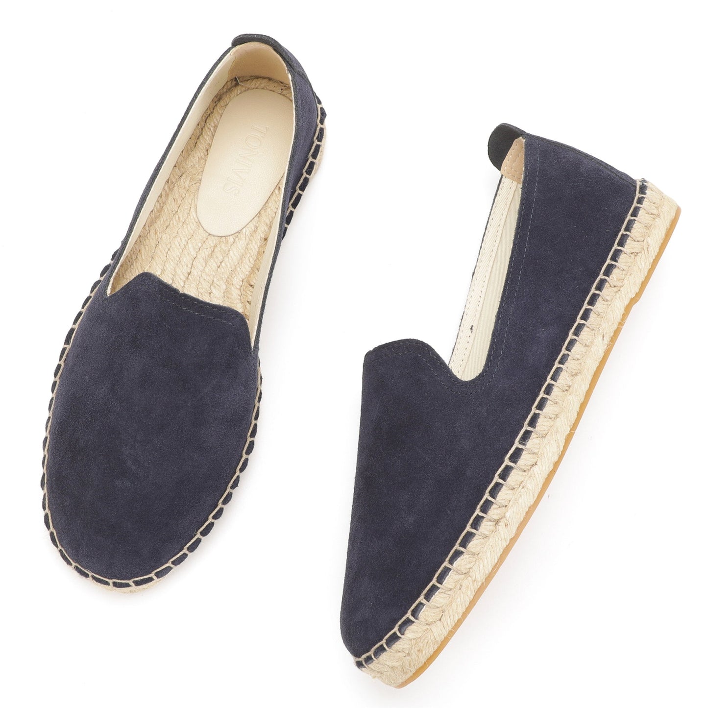 TONIVIS M2026012 navy blue Italian handmade suede espadrille loafers jute sole detail