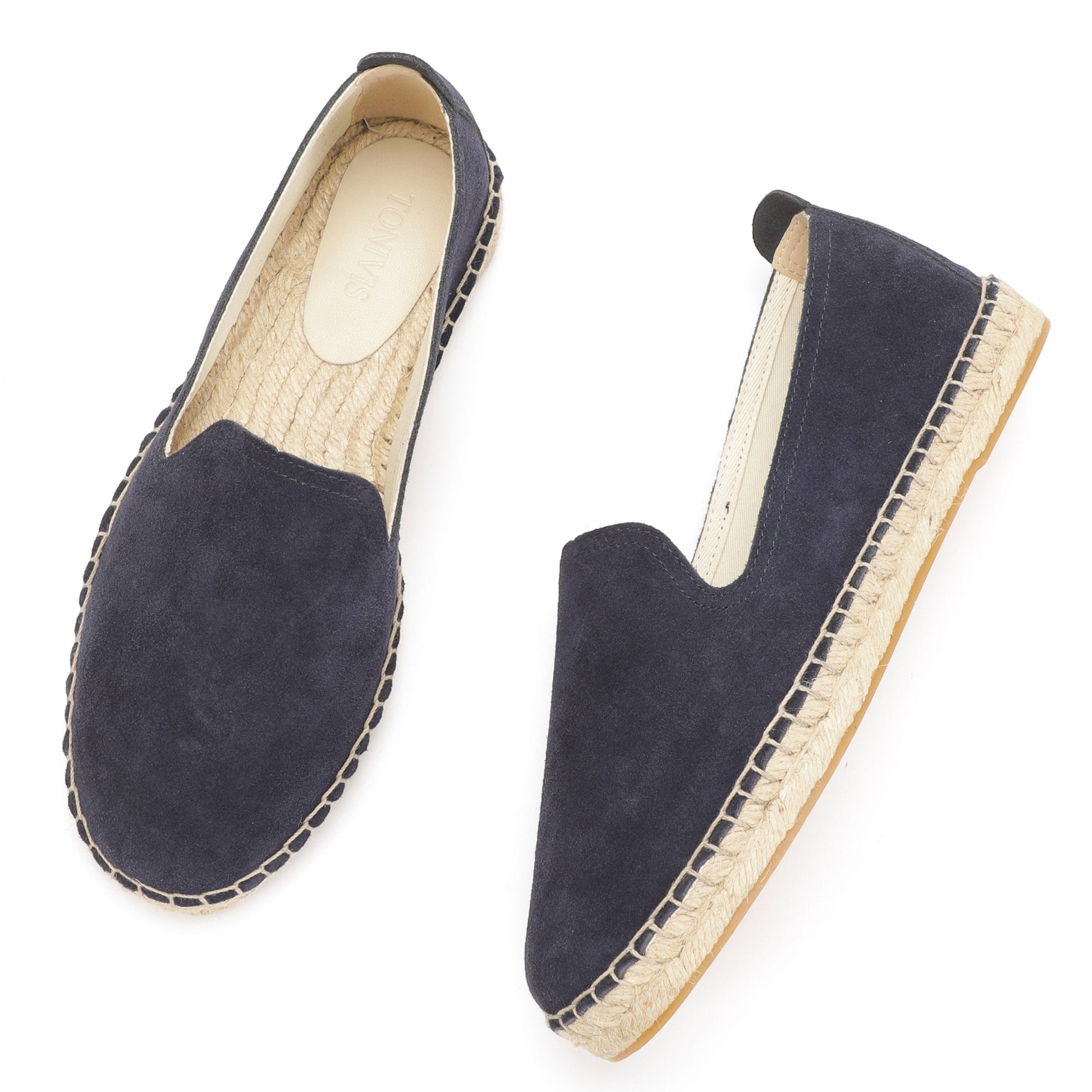 TONIVIS M2026012 navy blue Italian handmade suede espadrille loafers jute sole detail