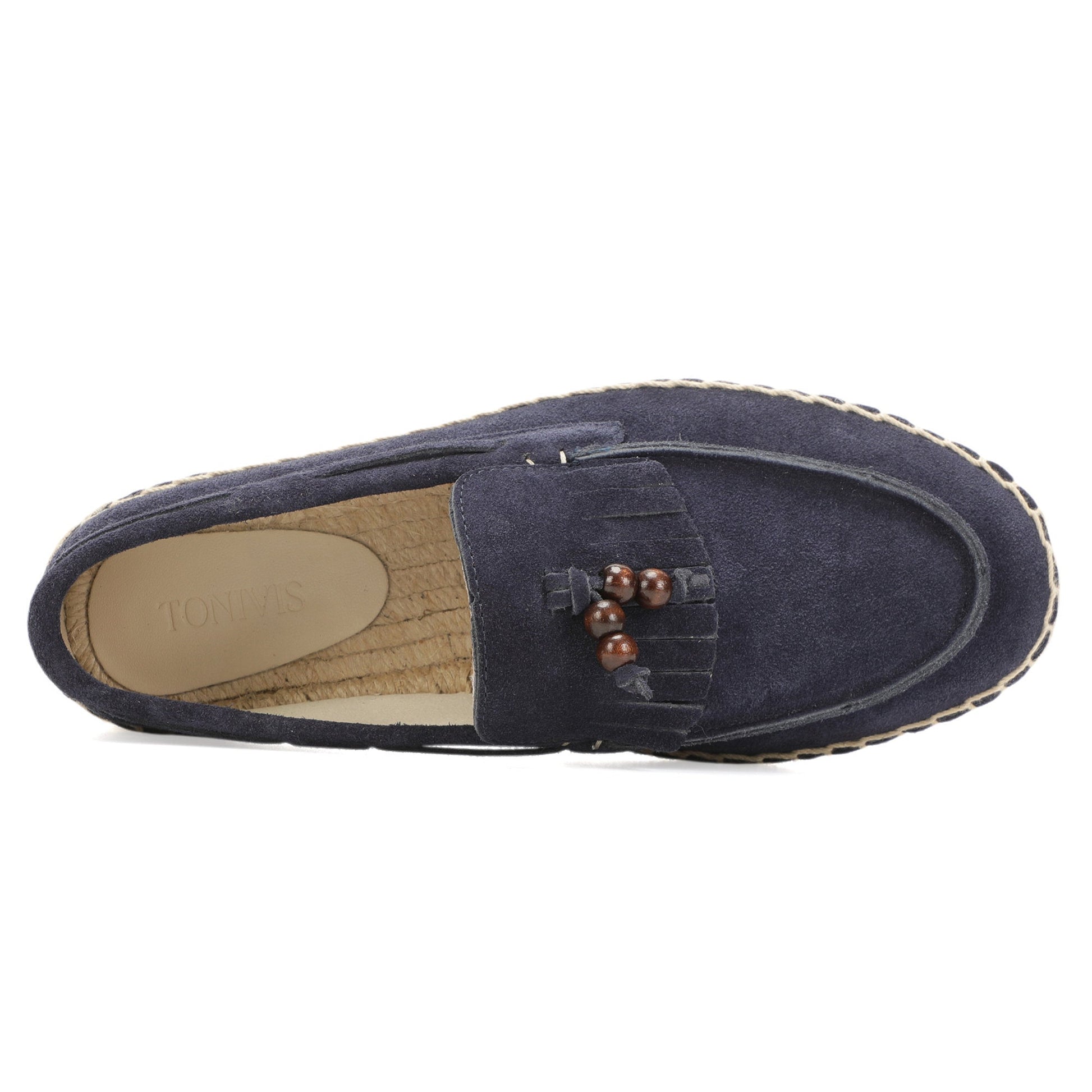 TONIVIS M2026013 navy blue wooden bead tassel suede espadrille loafers angle view