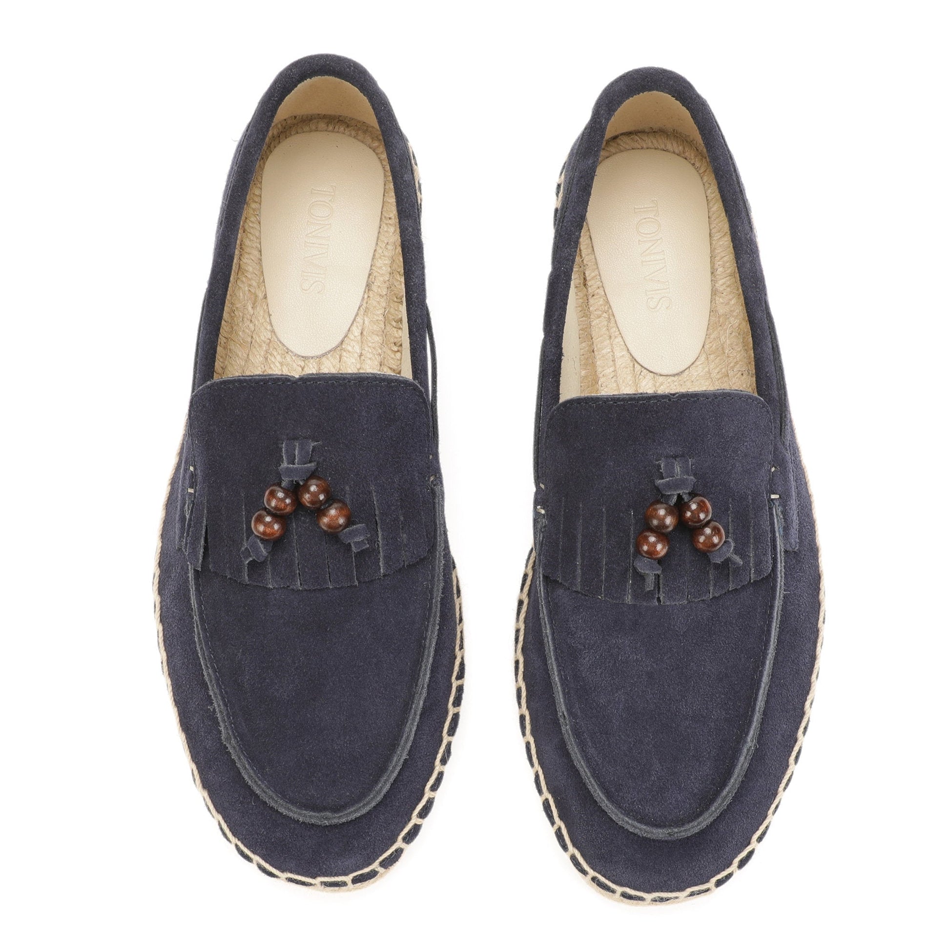 TONIVIS M2026013 navy blue wooden bead tassel suede espadrille loafers upper detail