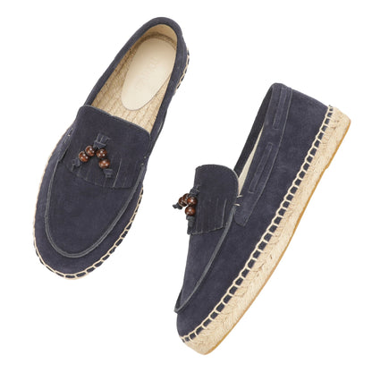 TONIVIS M2026013 navy blue wooden bead tassel suede espadrille loafers jute sole detail