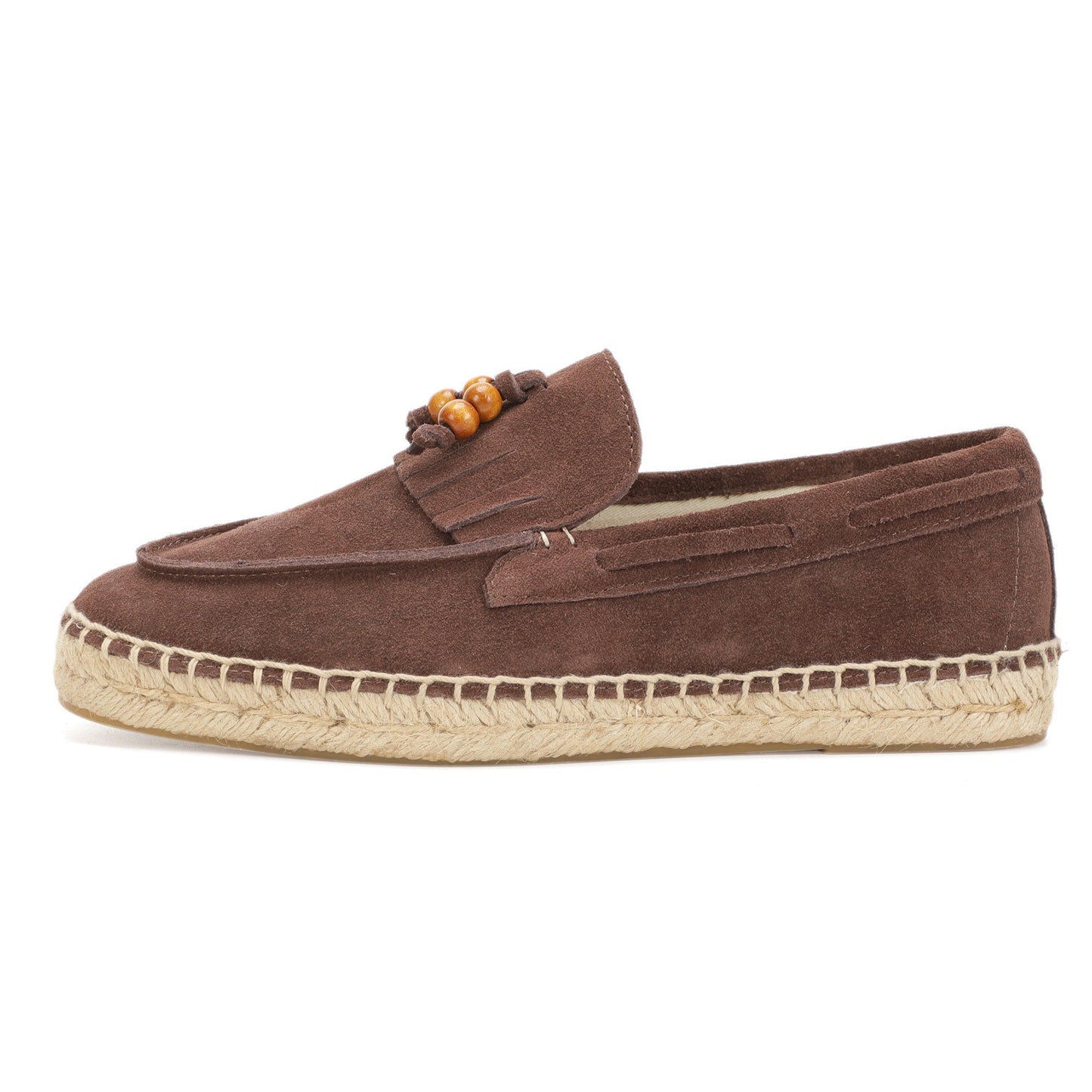 TONIVIS M2026014 mocha brown wooden bead tassel suede espadrille loafers side view
