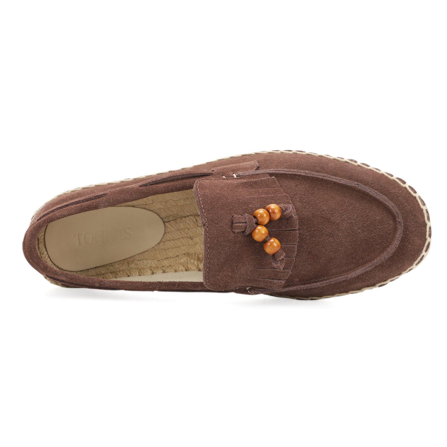 TONIVIS M2026014 mocha brown wooden bead tassel suede espadrille loafers angle view
