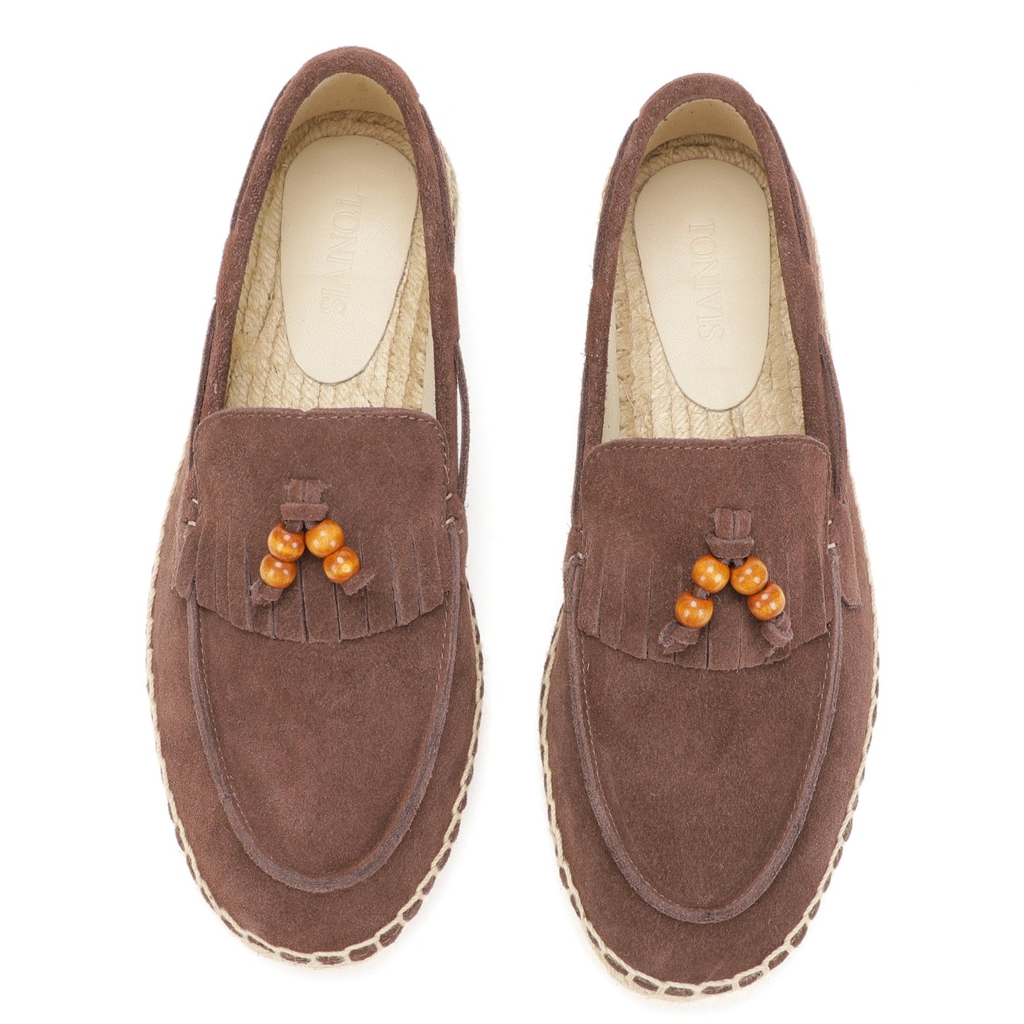 TONIVIS M2026014 mocha brown wooden bead tassel suede espadrille loafers upper detail