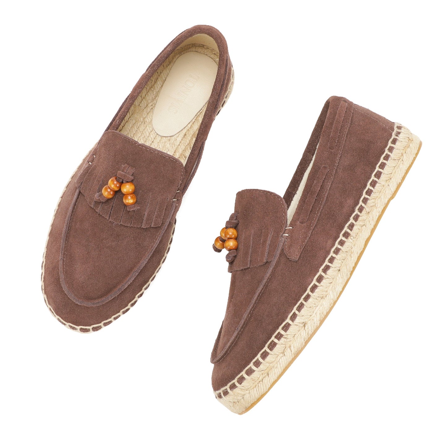 TONIVIS M2026014 mocha brown wooden bead tassel suede espadrille loafers jute sole detail