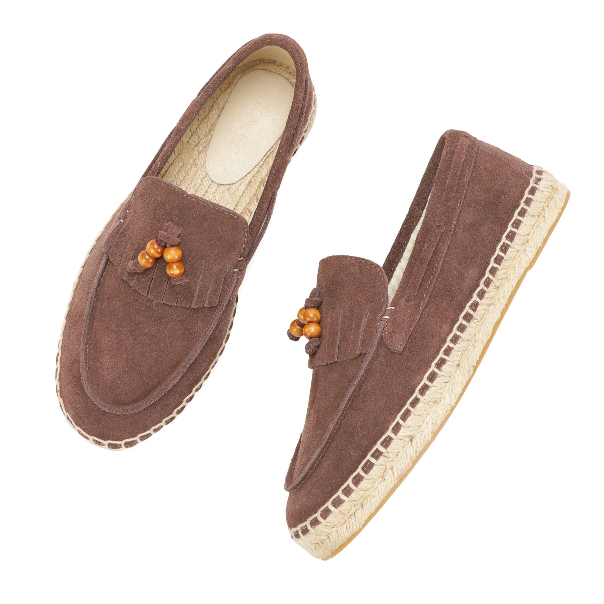 TONIVIS M2026014 mocha brown wooden bead tassel suede espadrille loafers jute sole detail
