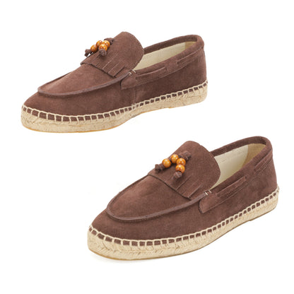 TONIVIS M2026014 mocha brown wooden bead tassel suede espadrille loafers lifestyle detail