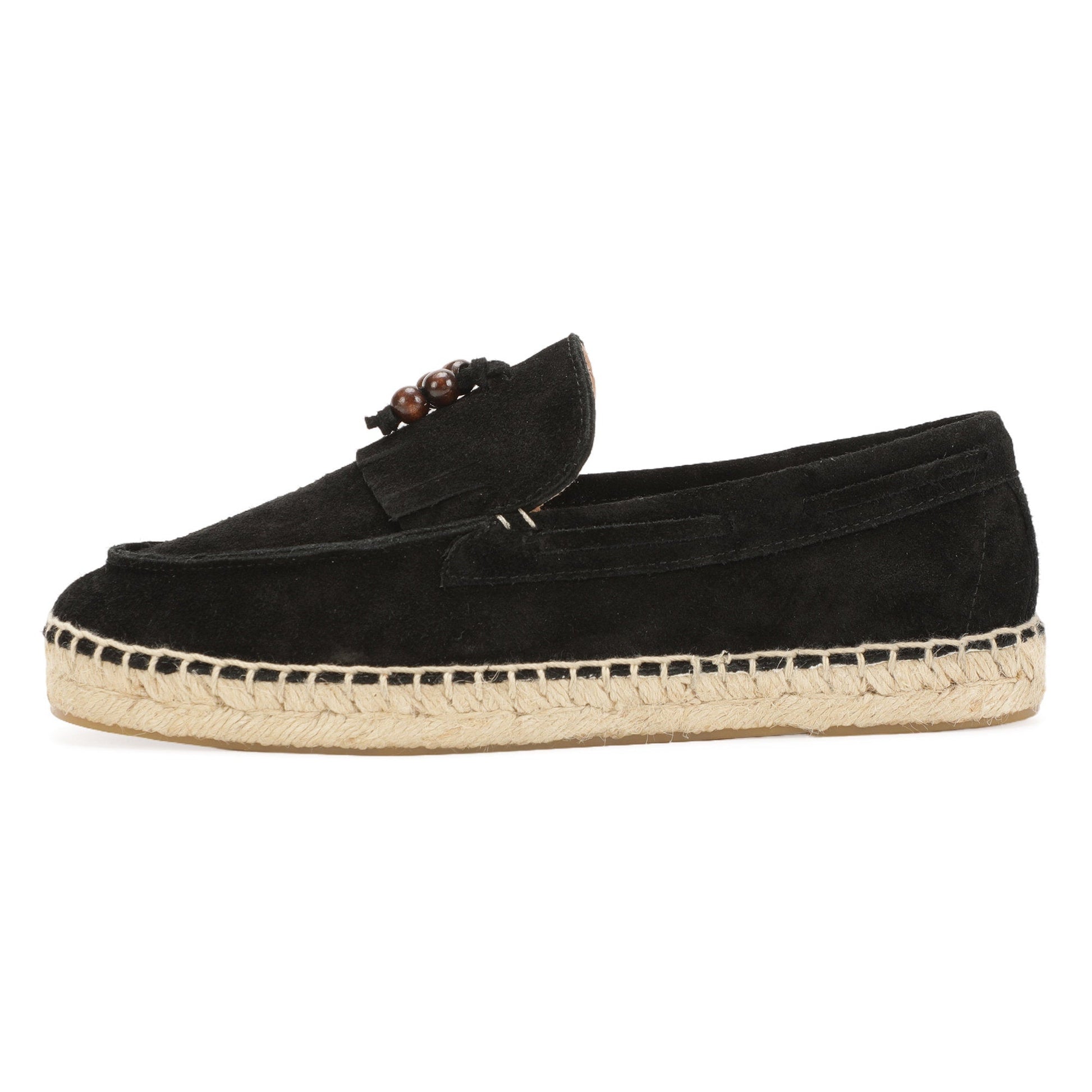 TONIVIS M2026015 black wooden bead tassel suede espadrille loafers side view