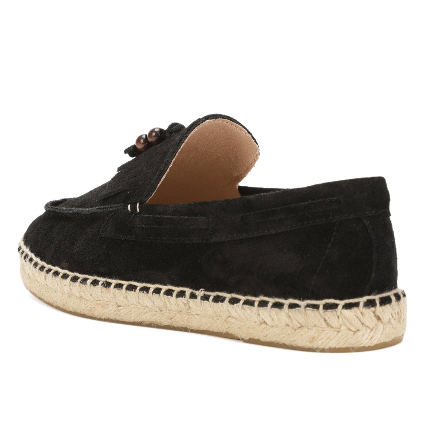 TONIVIS M2026015 black wooden bead tassel suede espadrille loafers detail view