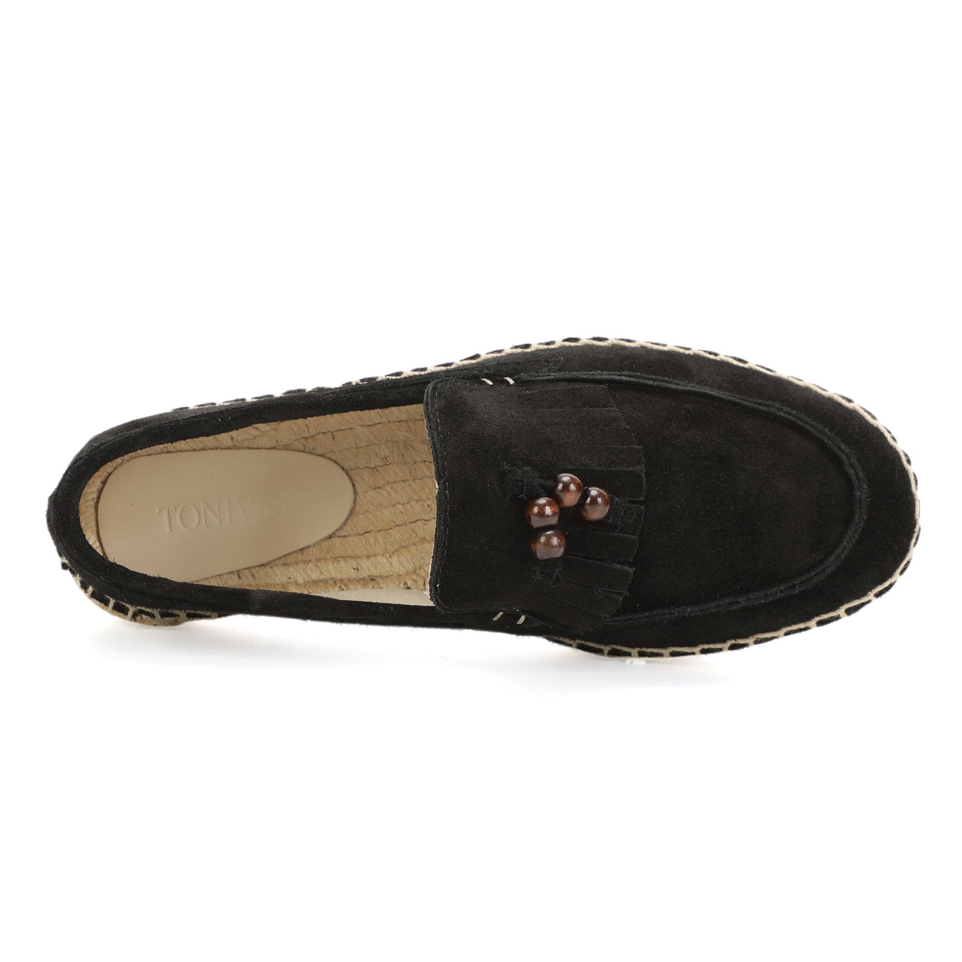 TONIVIS M2026015 black wooden bead tassel suede espadrille loafers angle view