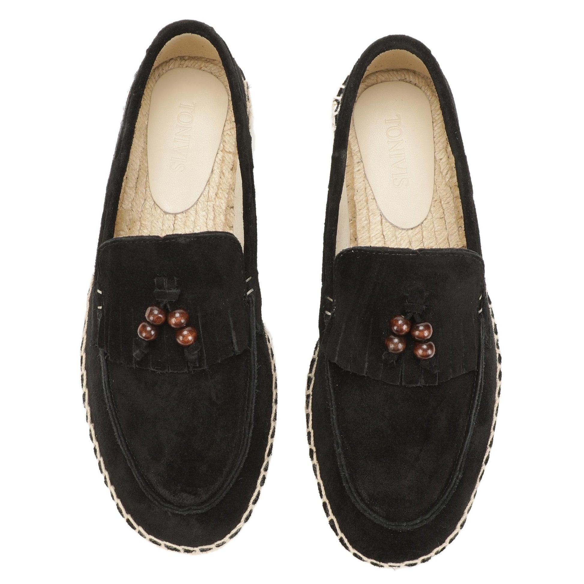 TONIVIS M2026015 black wooden bead tassel suede espadrille loafers upper detail