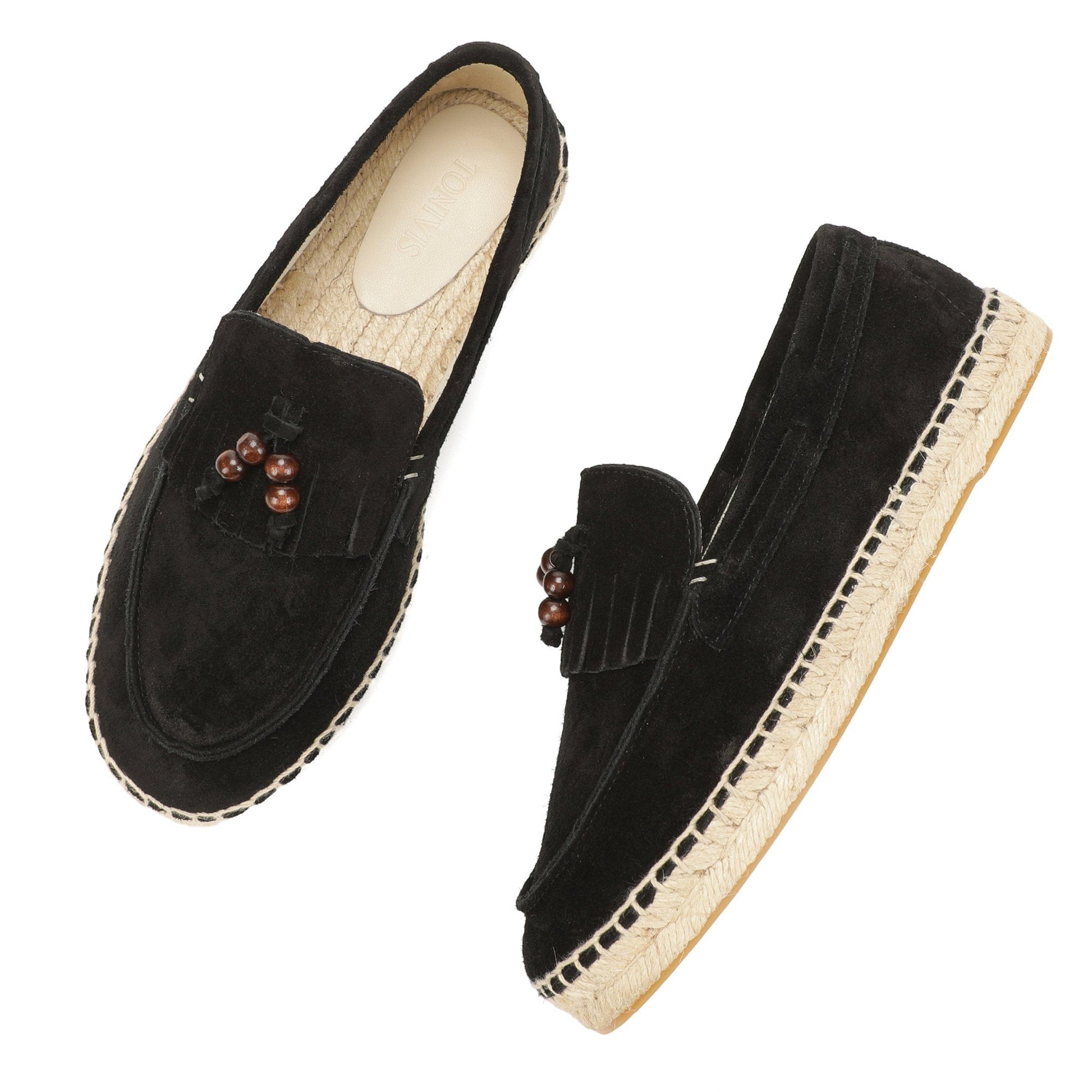 TONIVIS M2026015 black wooden bead tassel suede espadrille loafers jute sole detail