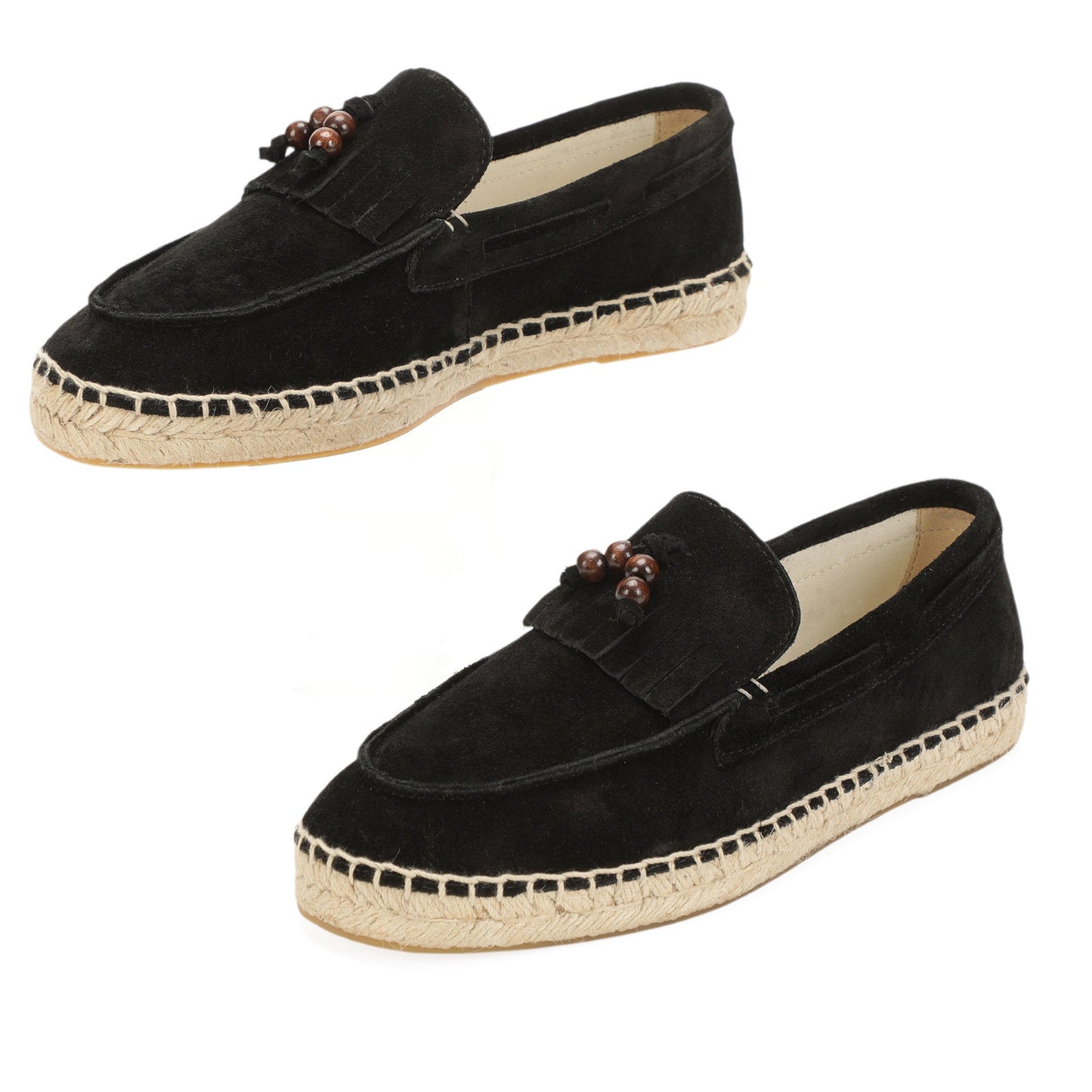 TONIVIS M2026015 black wooden bead tassel suede espadrille loafers lifestyle detail