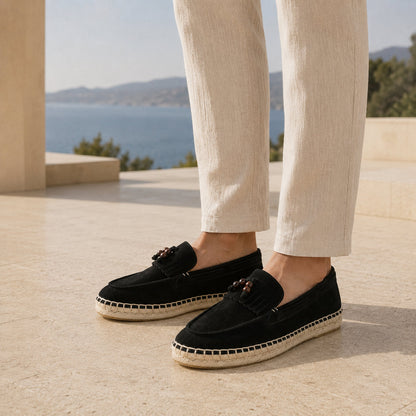TONIVIS M2026015 black wooden bead tassel suede espadrille loafers on model
