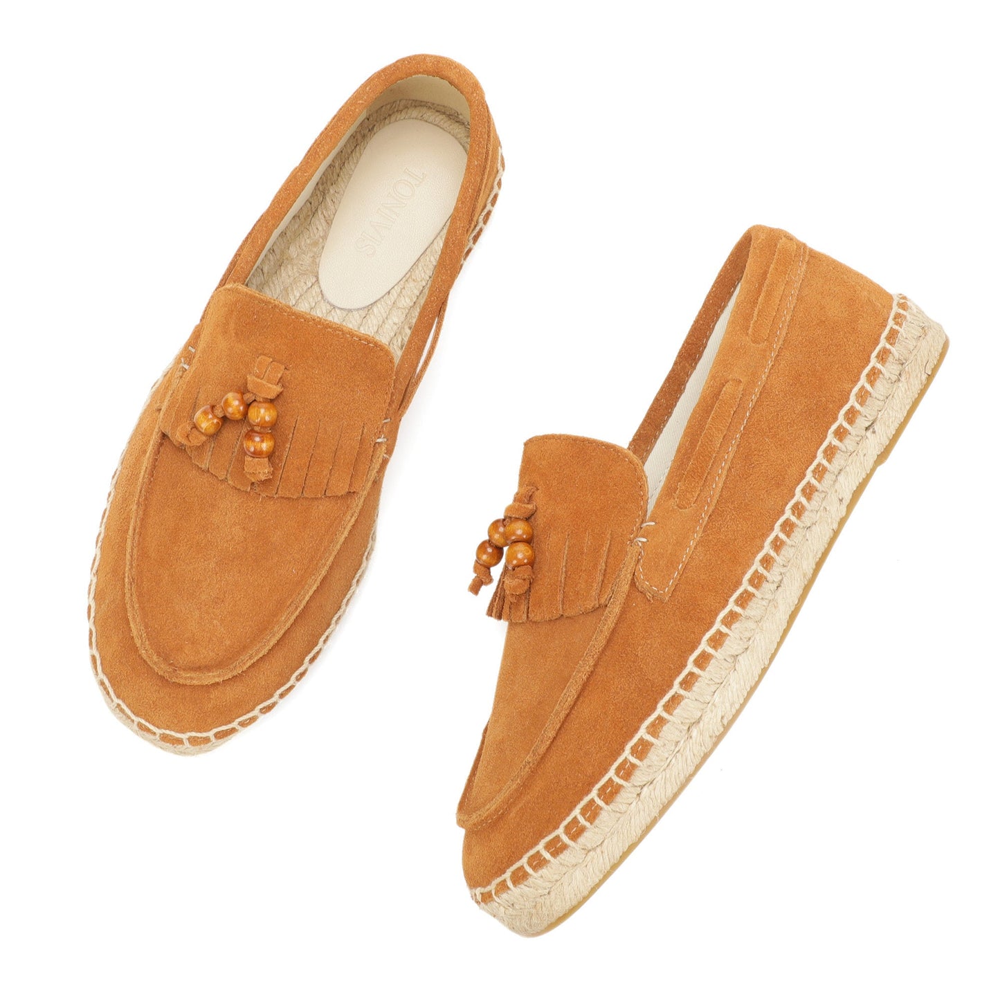 TONIVIS M2026016 brown wooden bead tassel suede espadrille loafers jute sole detail
