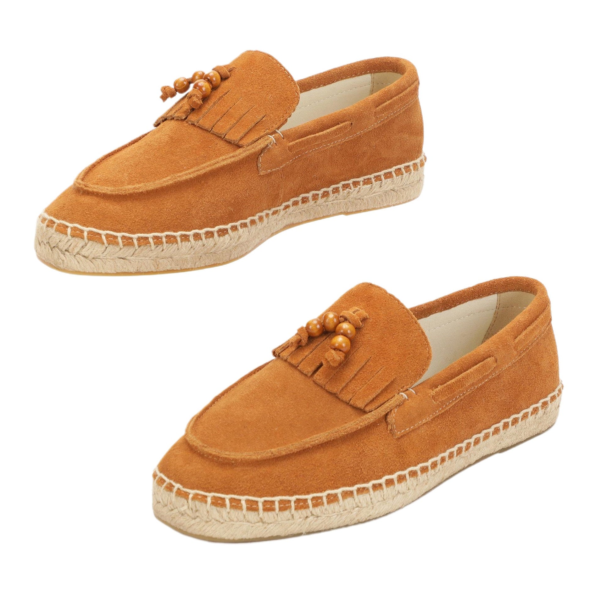 TONIVIS M2026016 brown wooden bead tassel suede espadrille loafers lifestyle detail