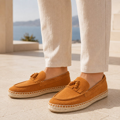 TONIVIS M2026016 brown wooden bead tassel suede espadrille loafers on model