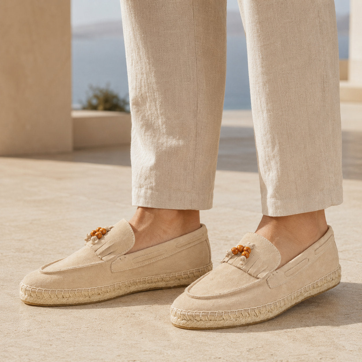 TONIVIS M2026017 sand wooden bead tassel suede espadrille loafers on model