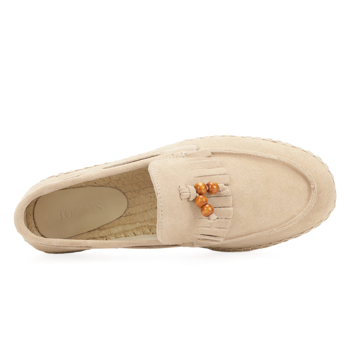 TONIVIS M2026017 sand wooden bead tassel suede espadrille loafers angle view