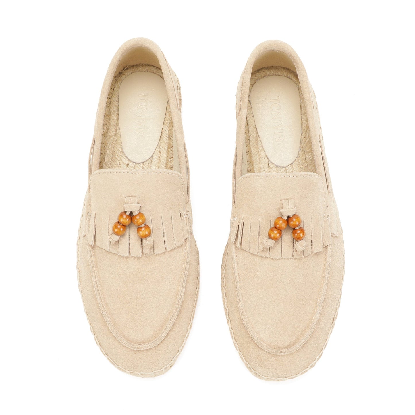 TONIVIS M2026017 sand wooden bead tassel suede espadrille loafers upper detail
