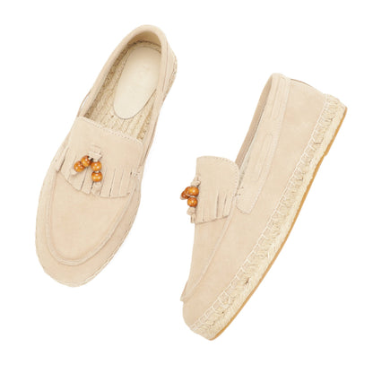 TONIVIS M2026017 sand wooden bead tassel suede espadrille loafers jute sole detail