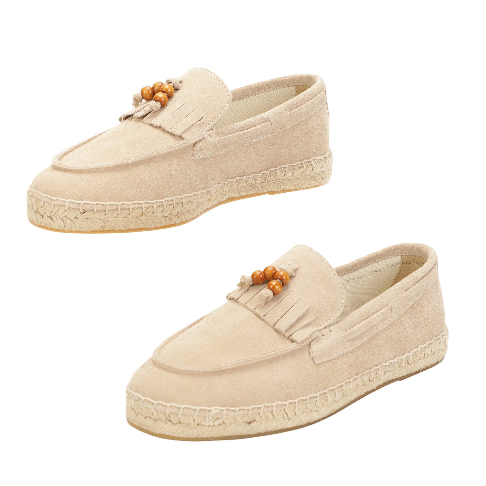 TONIVIS M2026017 sand wooden bead tassel suede espadrille loafers lifestyle detail