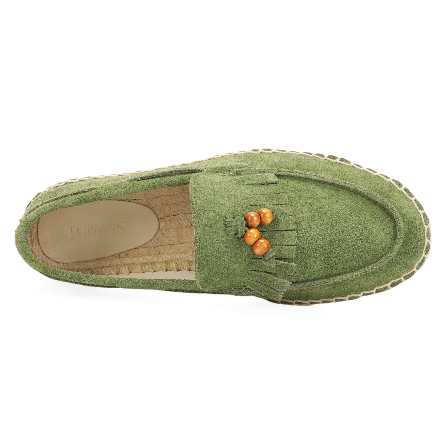 TONIVIS M2026018 green wooden bead tassel suede espadrille loafers angle view