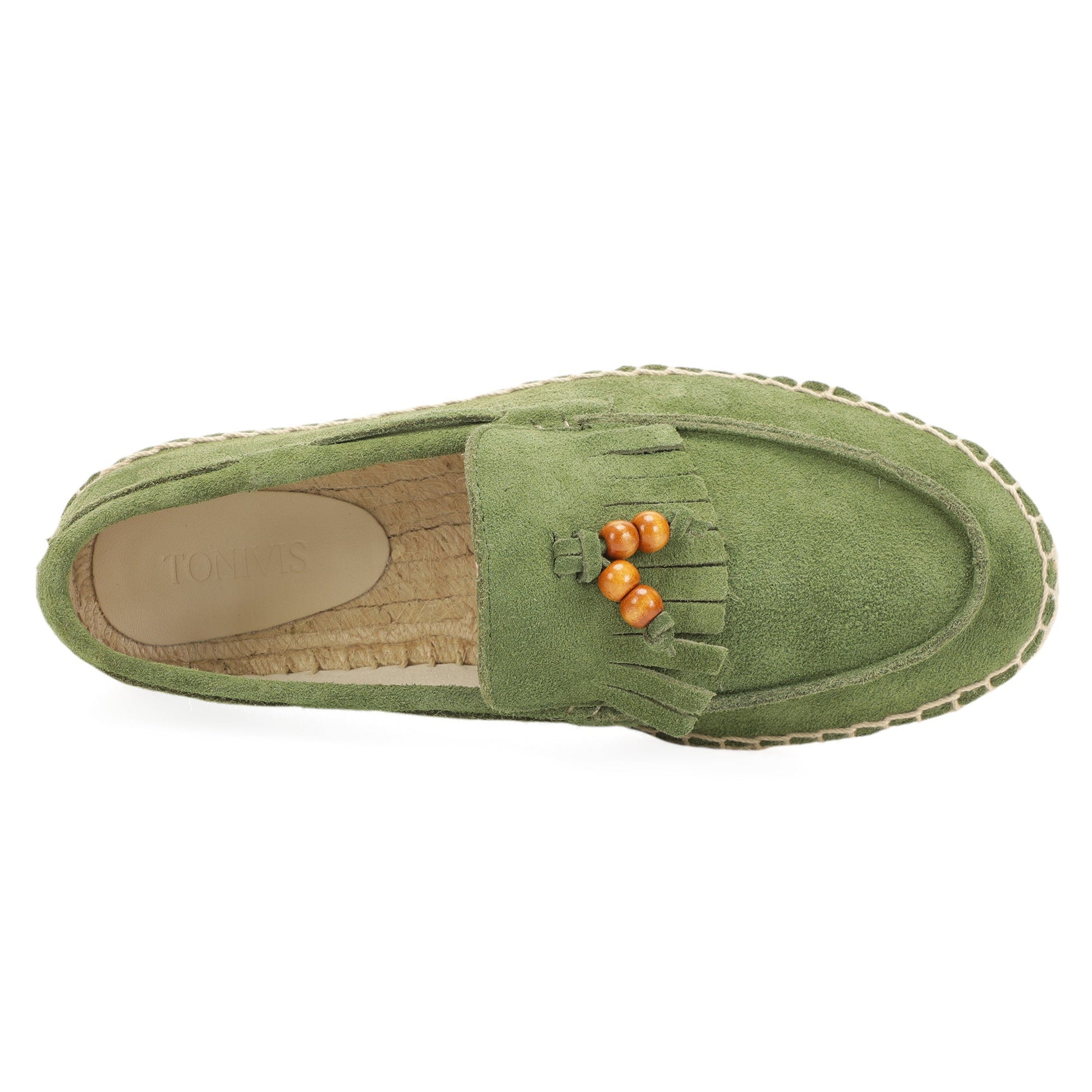 TONIVIS M2026018 green wooden bead tassel suede espadrille loafers angle view