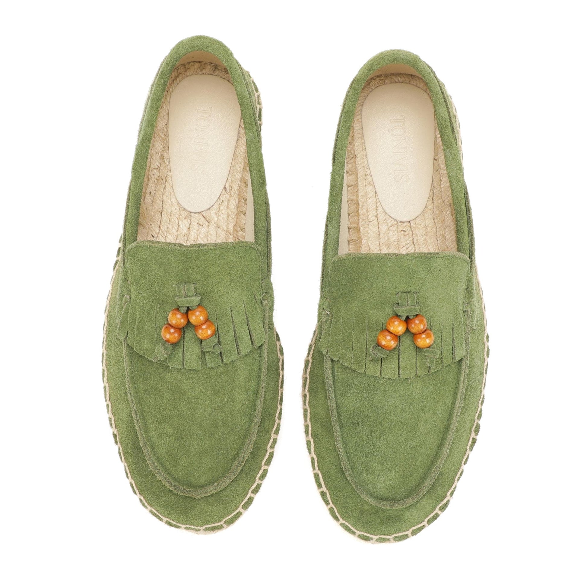 TONIVIS M2026018 green wooden bead tassel suede espadrille loafers upper detail