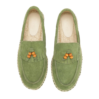 TONIVIS M2026018 green wooden bead tassel suede espadrille loafers upper detail