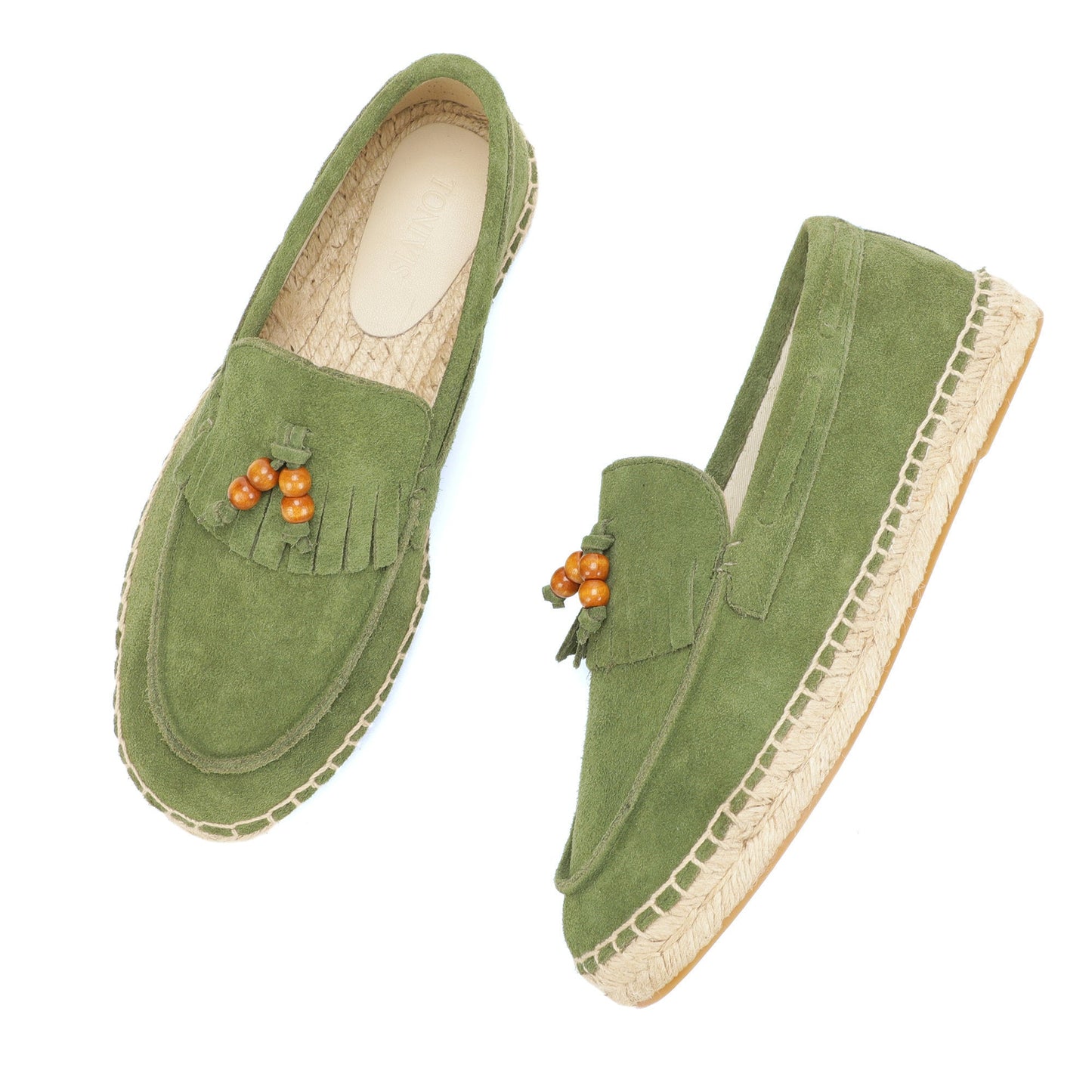 TONIVIS M2026018 green wooden bead tassel suede espadrille loafers jute sole detail