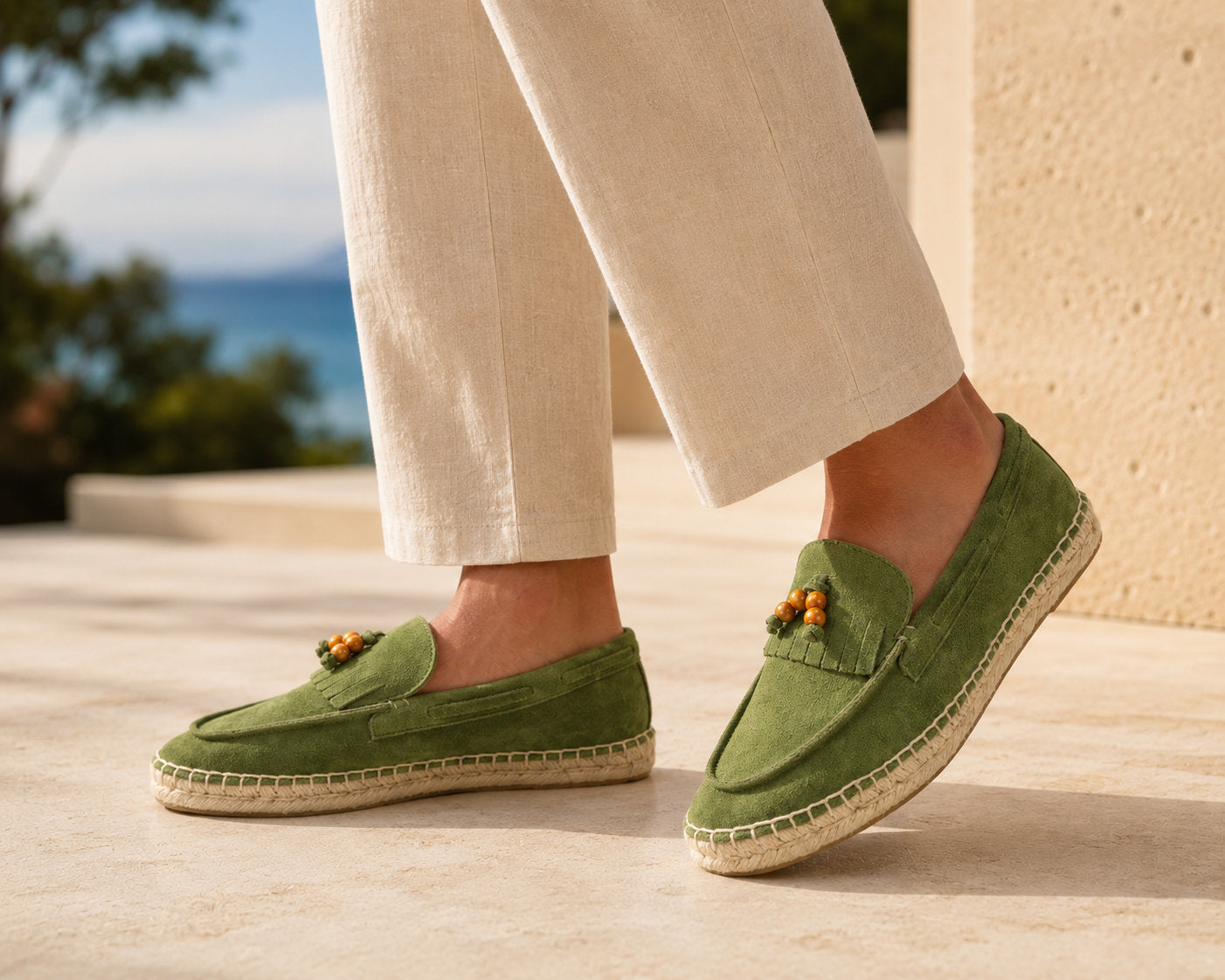TONIVIS M2026018 green wooden bead tassel suede espadrille loafers on model