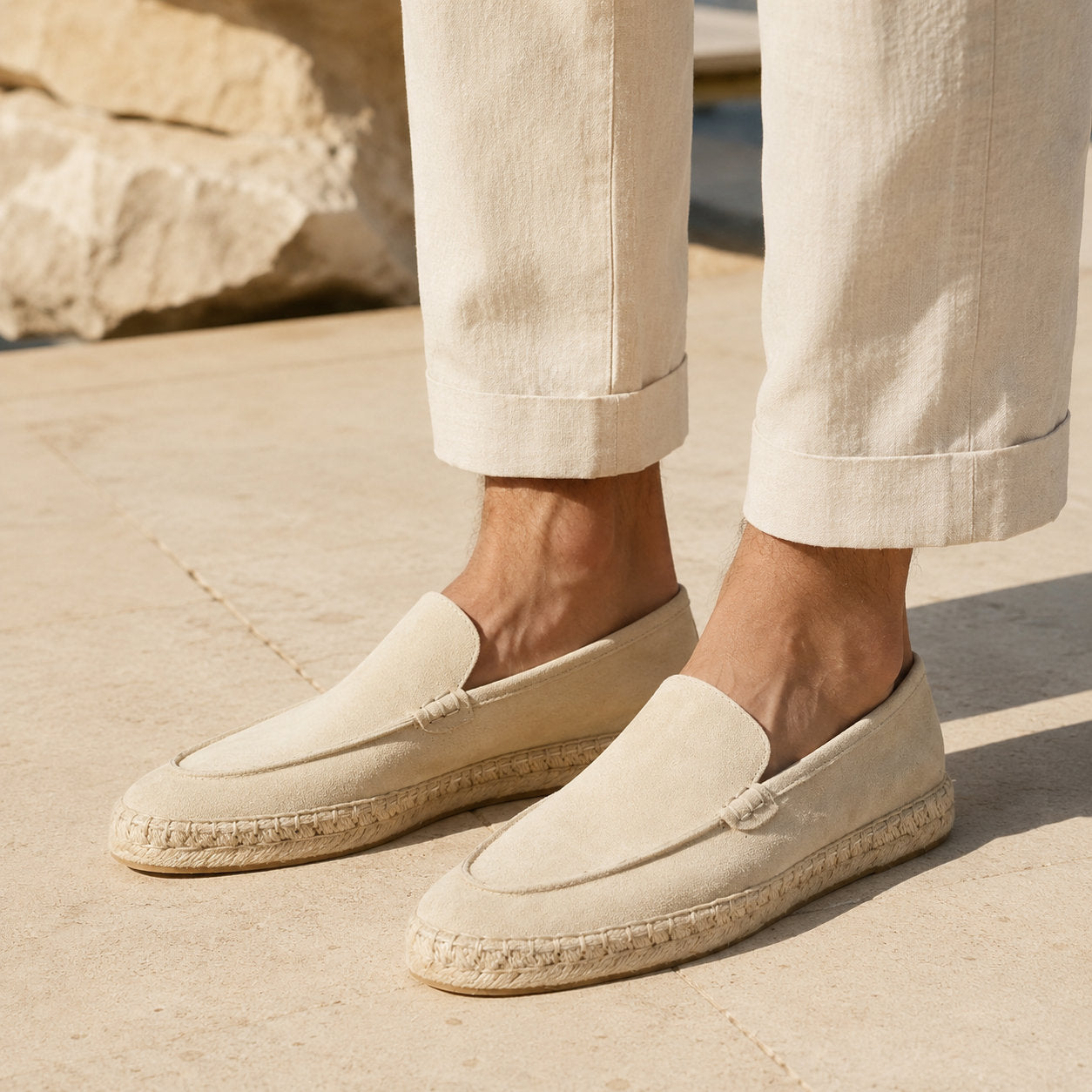 TONIVIS M2026020 ivory cream minimalist suede espadrille loafers on model