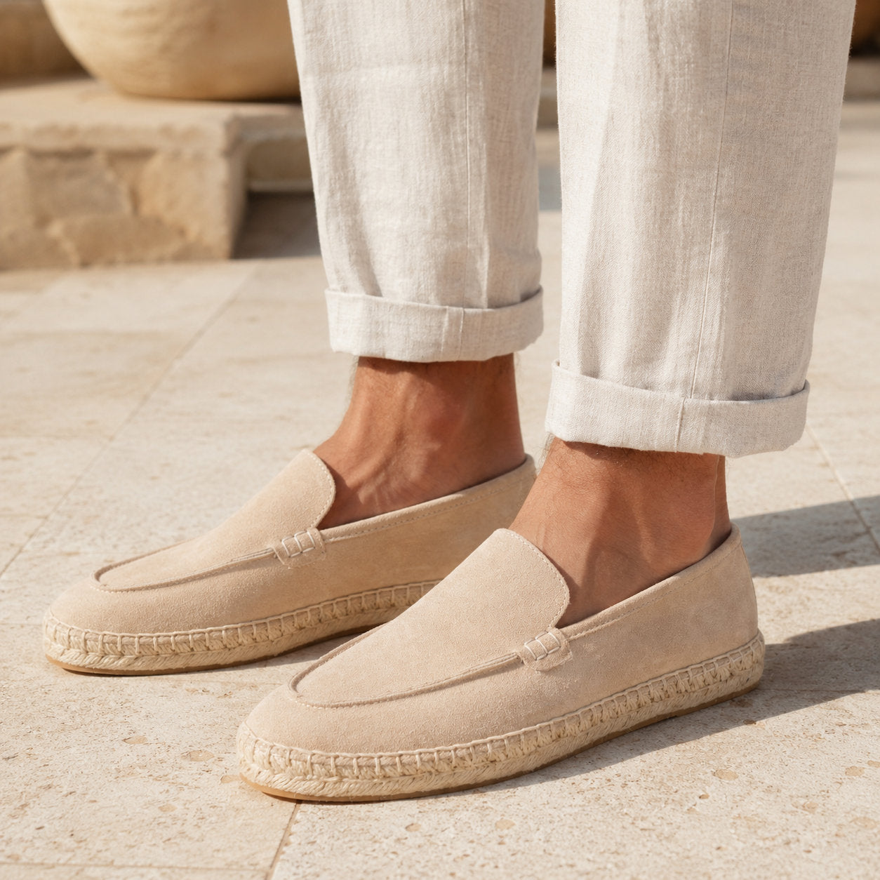 TONIVIS M2026021 sand minimalist suede espadrille loafers on model