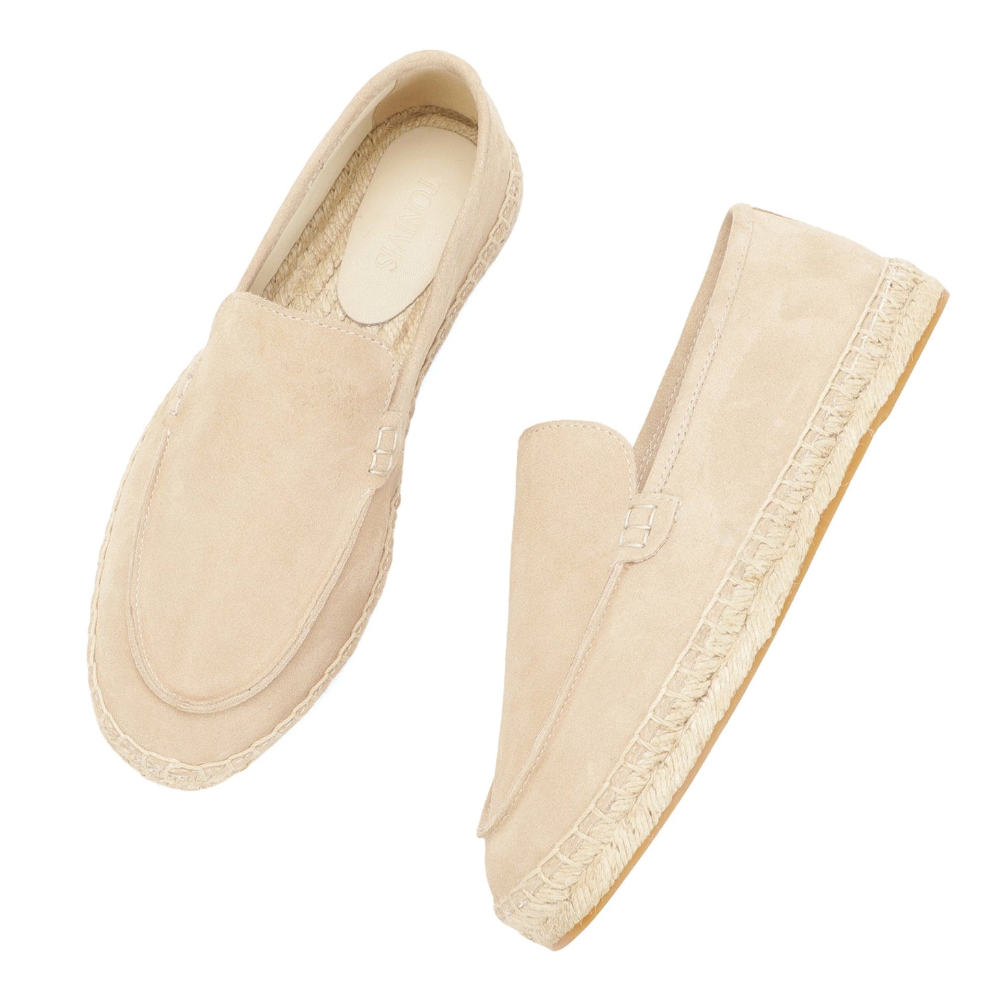 TONIVIS men's sand minimalist suede espadrille loafers jute sole detail