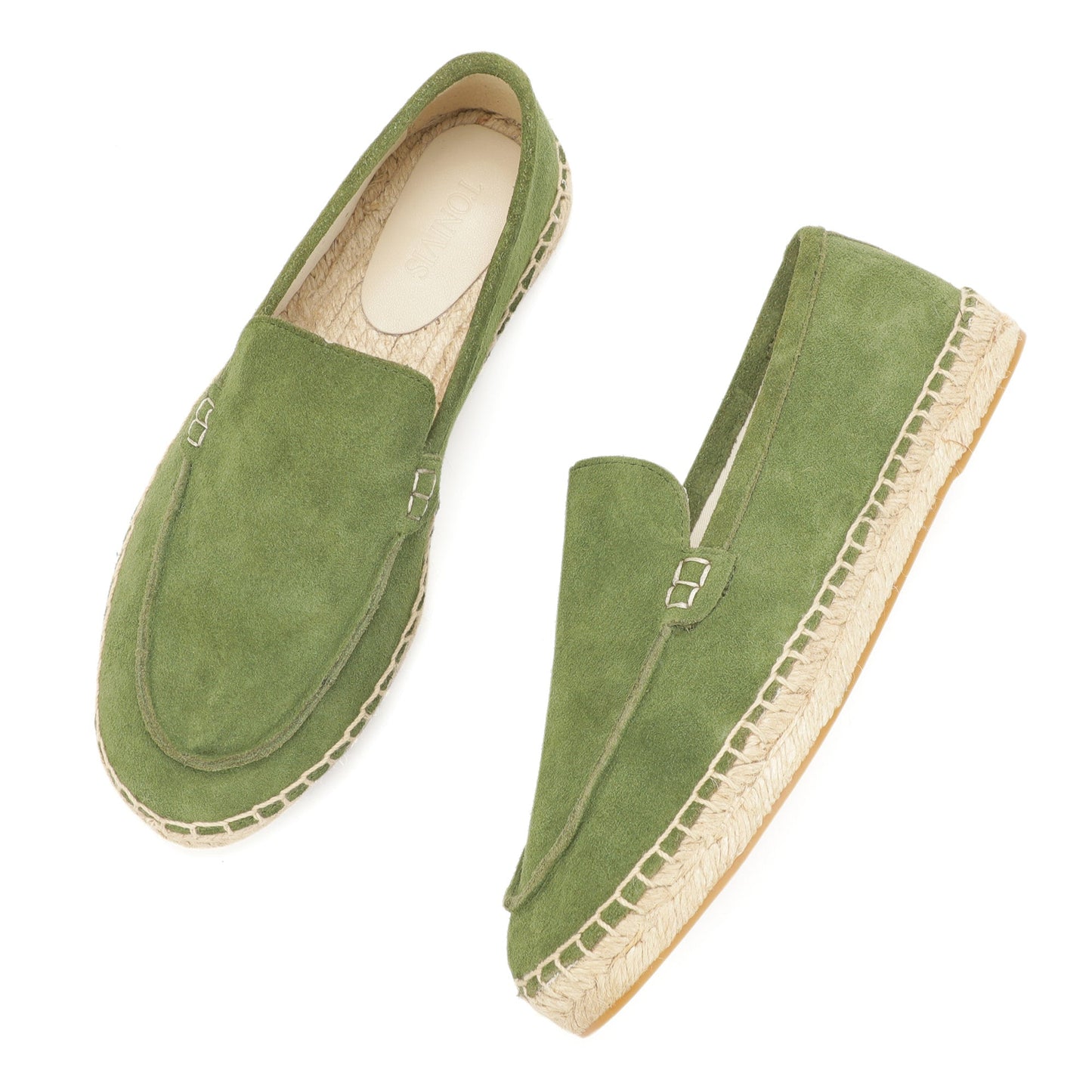 TONIVIS men's grass green minimalist suede espadrille loafers jute sole detail