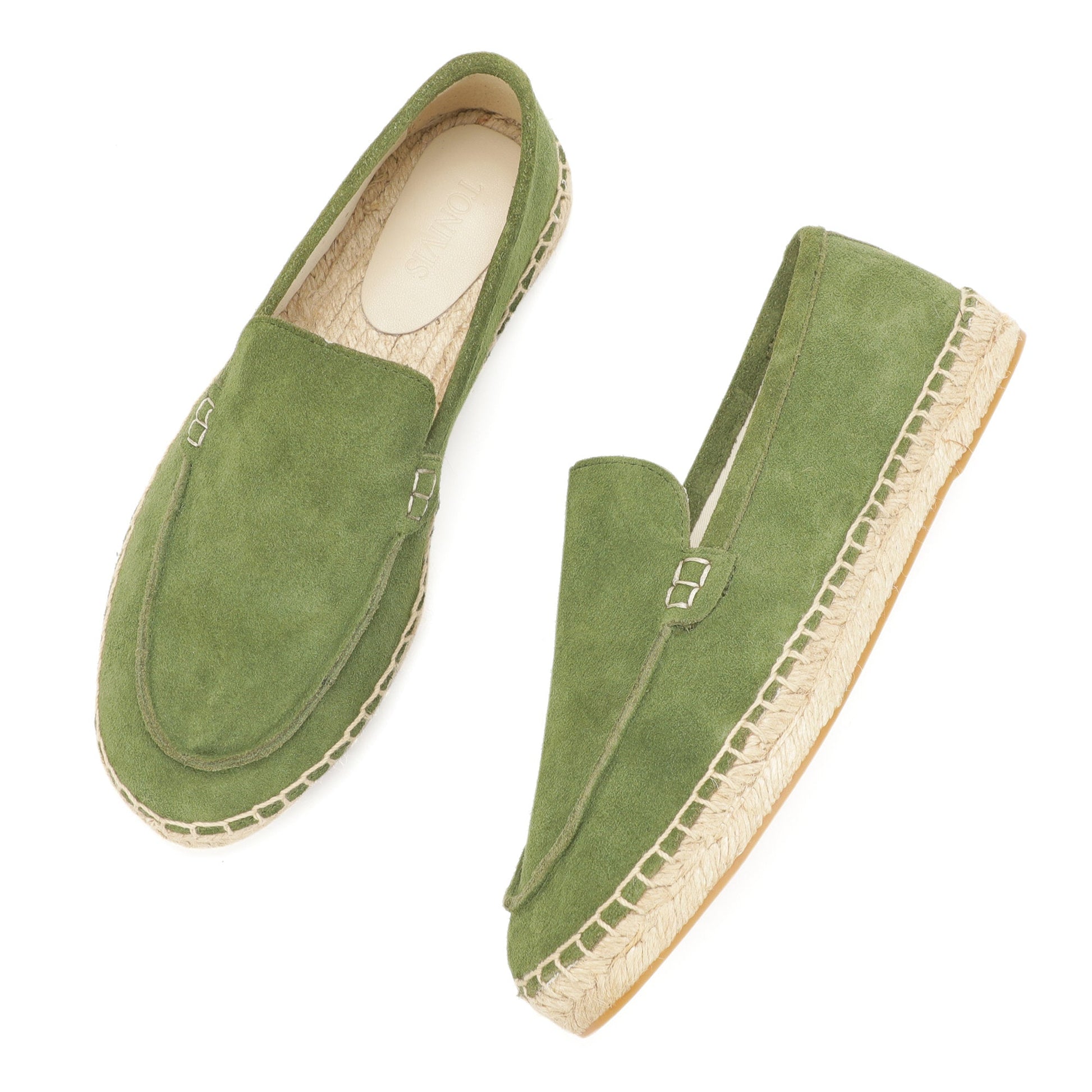 TONIVIS men's grass green minimalist suede espadrille loafers jute sole detail