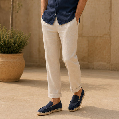 TONIVIS M2026024 navy blue minimalist suede espadrille loafers on model