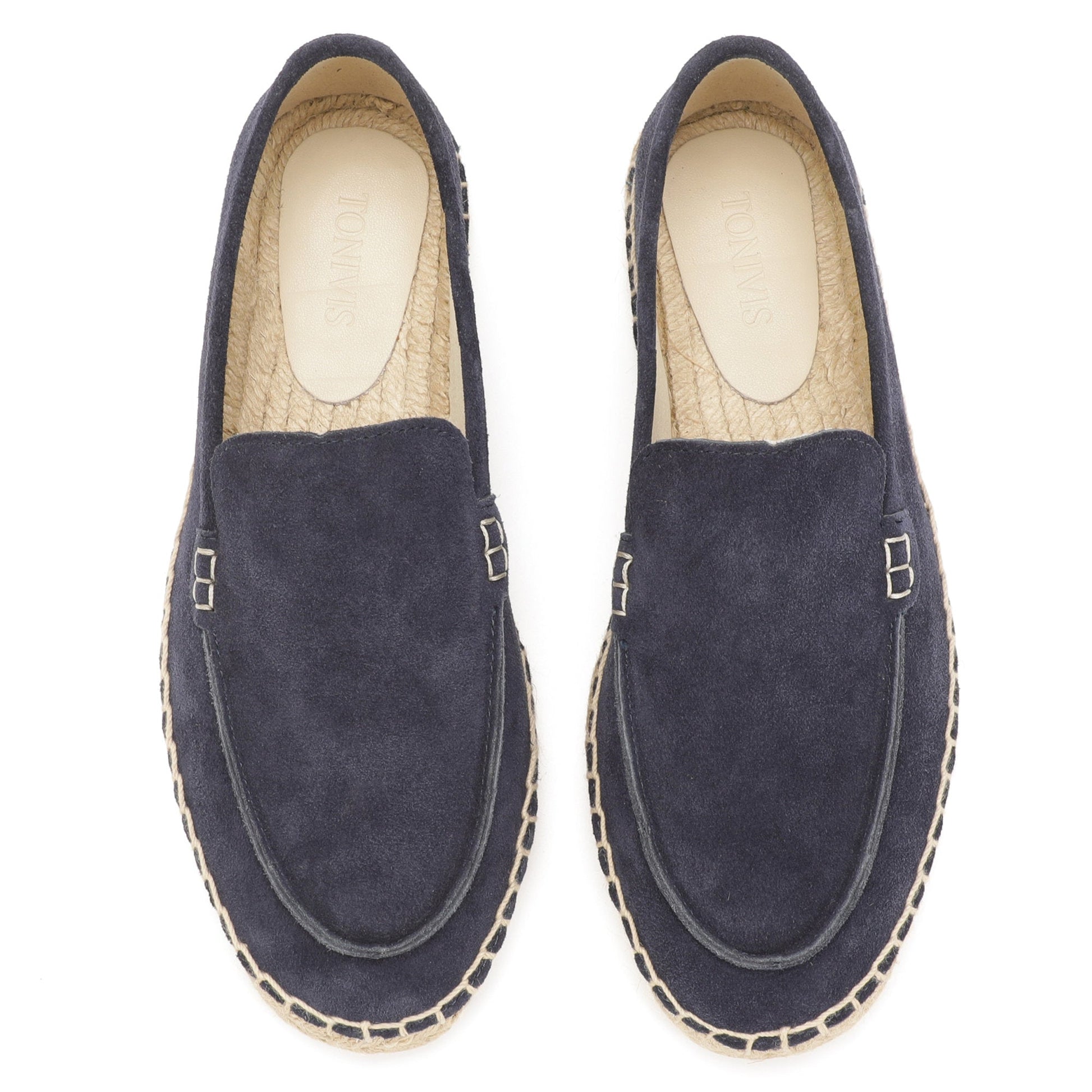 TONIVIS men's navy blue minimalist suede espadrille loafers upper detail