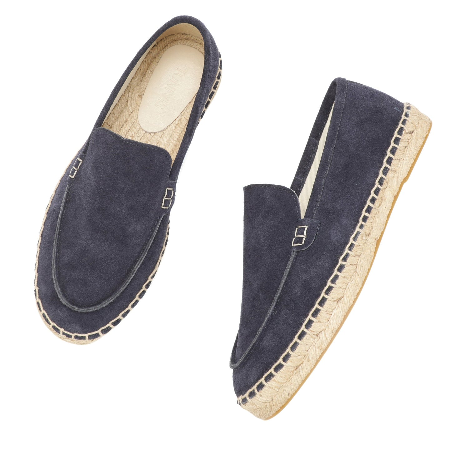 TONIVIS men's navy blue minimalist suede espadrille loafers jute sole detail