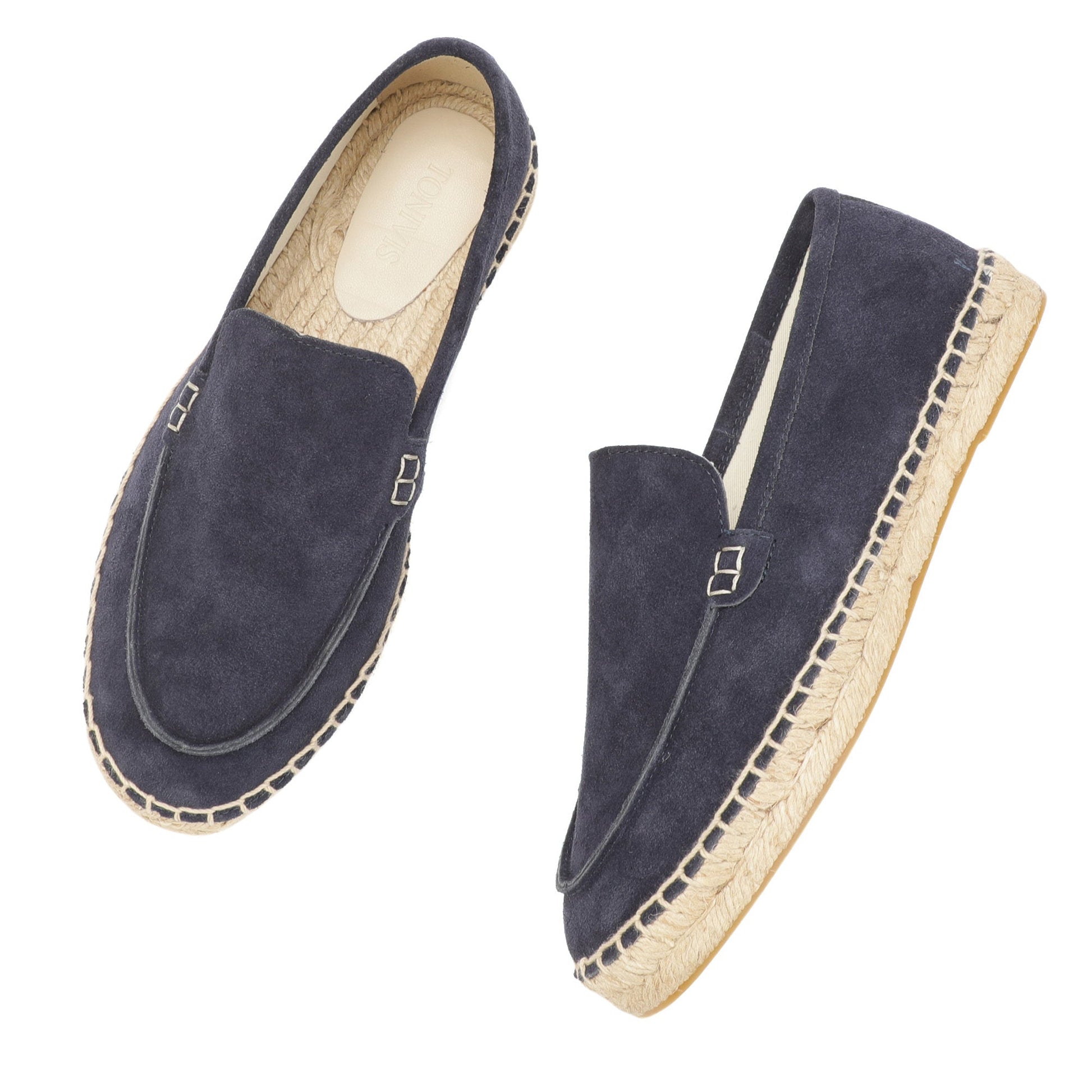 TONIVIS men's navy blue minimalist suede espadrille loafers jute sole detail