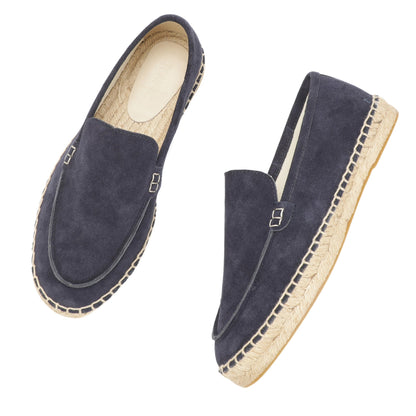 TONIVIS men's navy blue minimalist suede espadrille loafers jute sole detail